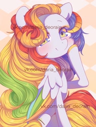 Size: 1536x2048 | Tagged: safe, artist:cherrnichka, oc, oc only, oc:spring melody, pegasus, pony, commission, folded wings, horns, looking at you, sitting, spread wings, watermark, wings