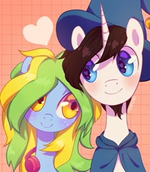 Size: 1536x1757 | Tagged: safe, artist:cherrnichka, oc, oc only, pony, unicorn, bust, clothes, commission, duo, female, grid, hat, headphones, heart, horn, looking at each other, looking at someone, male, mare, oc x oc, shipping, smiling, smiling at each other, stallion, straight