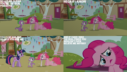 Size: 1280x720 | Tagged: safe, edit, edited screencap, editor:quoterific, screencap, pinkie pie, spike, twilight sparkle, dragon, pony, unicorn, g4, season 3, too many pinkie pies, female, floppy ears, male, mare, mushroom table, open mouth, text, trio, unicorn twilight