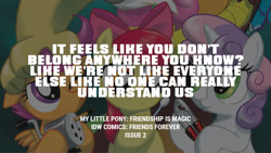 Size: 1280x720 | Tagged: safe, edit, editor:quoterific, idw, apple bloom, discord, scootaloo, sweetie belle, draconequus, earth pony, pegasus, pony, unicorn, g4, my little pony: friends forever, spoiler:comic, apple bloom's bow, bow, cutie mark crusaders, female, filly, foal, hair bow, male, offscreen character, text, trio