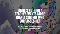 Size: 1280x720 | Tagged: safe, edit, editor:quoterific, idw, princess celestia, spike, alicorn, dragon, pony, g4, my little pony: friends forever, spoiler:comic, crown, duo, female, jewelry, male, mare, open mouth, regalia, text