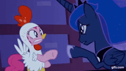 Size: 640x360 | Tagged: safe, screencap, pinkie pie, princess luna, alicorn, earth pony, pony, g4, luna eclipsed, season 2, animal costume, animated, chicken suit, clothes, costume, crown, duo, egg, eyes closed, female, gif, gifs.com, jewelry, mare, open mouth, regalia