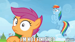 Size: 640x360 | Tagged: safe, edit, edited screencap, editor:quoterific, screencap, rainbow dash, scootaloo, spitfire, pegasus, pony, g4, season 8, the washouts (episode), animated, eyes closed, female, filly, flying, foal, gif, gifs.com, impact font, mare, open mouth, open smile, smiling, spread wings, trio, wings