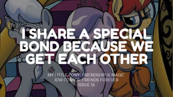 Size: 1280x720 | Tagged: safe, edit, editor:quoterific, idw, diamond tiara, prancy drew, silver spoon, earth pony, pony, friends forever, g4, spoiler:comic, female, filly, foal, open mouth, open smile, smiling, text, trio