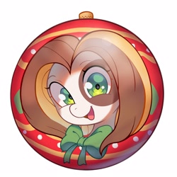 Size: 2500x2500 | Tagged: safe, artist:cherrnichka, oc, oc only, pony, bowtie, christmas ornament, decoration, female, high res, looking at you, mare, open mouth, open smile, simple background, smiling, smiling at you, solo, white background