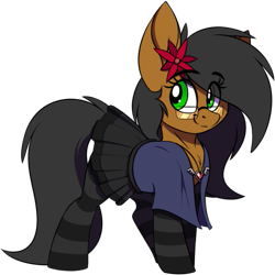 Size: 557x557 | Tagged: safe, artist:notetaker, oc, oc only, oc:notetaker, earth pony, pony, alternate design, clothes, eye clipping through hair, eyebrows, eyebrows visible through hair, flower, flower in hair, full body, glasses, jewelry, necklace, simple background, skirt, smiling, socks, solo, standing, stockings, striped socks, tail, thigh highs, transparent background