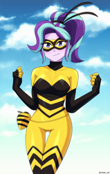 Size: 716x1125 | Tagged: safe, artist:riouku, starlight glimmer, human, equestria girls, g4, alternate hairstyle, annie rojas, blushing, bodysuit, chloé bourgeois, clothes, cloud, crossover, cute, female, glimmerbetes, latin american, looking at you, mask, miraculous ladybug, ponytail, queen bee (miraculous ladybug), sky, smiling, solo, spinning top, thigh gap, underass, voice actor joke