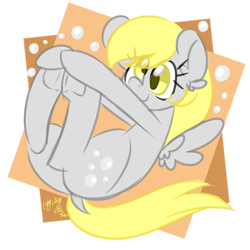 Size: 1280x1280 | Tagged: safe, artist:ladylullabystar, derpy hooves, pegasus, pony, g4, abstract background, bubble, butt, dock, eye clipping through hair, female, mare, plot, simple background, small wings, smiling, solo, spread wings, tail, transparent background, wings