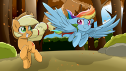 Size: 6324x3584 | Tagged: safe, artist:enviaart, applejack, rainbow dash, earth pony, pegasus, pony, fall weather friends, g4, absurd resolution, cute, dashabetes, dreamworks face, duo, duo female, female, flying, forest, grin, jackabetes, leaves, mare, running, running of the leaves, smiling, spread wings, tree, wings