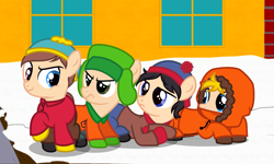 Size: 2281x1369 | Tagged: safe, artist:whiteplumage233, earth pony, pony, clothes, colt, eric cartman, foal, heterochromia, kenny mccormick, kyle broflovski, male, ponified, south park, stan marsh