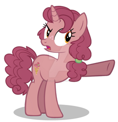 Size: 1024x1061 | Tagged: safe, artist:spectrumnightyt, oc, oc only, oc:raspberry ripple, pony, unicorn, base used, deviantart watermark, female, freckles, full body, hooves, horn, mare, obtrusive watermark, offspring, open mouth, parent:big macintosh, parent:sugar belle, parents:sugarmac, pointing, shadow, simple background, solo, standing, tail, transparent background, unicorn oc, watermark