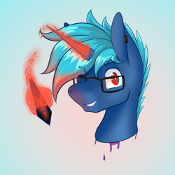 Size: 2142x2142 | Tagged: safe, artist:bydena, oc, oc:bydena, pony, unicorn, avatar, blue hair, bust, glasses, high res, male, red eyes, solo