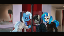 Size: 1920x1080 | Tagged: safe, artist:menalia, dj pon-3, octavia melody, trixie, vinyl scratch, earth pony, pony, unicorn, g4, bag, clothes, female, indoors, letterboxing, looking at someone, mafia, mafia octavia, mare, movie reference, pants, raised hoof, scar, scarface, shirt, suit, wallpaper