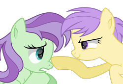 Size: 3000x2051 | Tagged: safe, artist:starcollider, berry sweet, violet twirl, earth pony, pegasus, pony, g4, .svg available, background pony, base used, boop, duo, duo female, eye contact, female, friendship student, frown, high res, hooves, looking at each other, looking at someone, mare, narrowed eyes, nose wrinkle, open mouth, simple background, smiling, smirk, svg, transparent background, vector