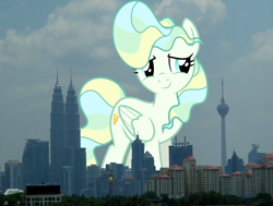 Size: 2048x1548 | Tagged: safe, artist:dashiesparkle, artist:thegiantponyfan, vapor trail, pegasus, pony, g4, cute, female, folded wings, giant pegasus, giant pony, giantess, highrise ponies, irl, kuala lumpur, looking at you, macro, malaysia, mare, mega giant, petronas towers, photo, ponies in real life, smiling, smiling at you, story included, wings