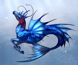 Size: 1280x1068 | Tagged: safe, artist:carota17, oc, oc only, hybrid, merpony, seahorse, blue background, bubble, dorsal fin, fish tail, flowing tail, looking up, ocean, simple background, solo, swimming, tail, underwater, water, yellow eyes