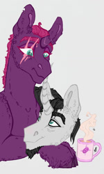 Size: 692x1155 | Tagged: safe, artist:skior, chancellor neighsay, fizzlepop berrytwist, tempest shadow, pony, unicorn, g4, broken horn, coffee, coffee mug, duo, female, horn, looking at each other, looking at someone, male, mare, mug, resting, scar, shipping, shipping fuel, stallion, straight, tempest neighsay