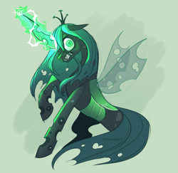 Size: 2567x2500 | Tagged: safe, artist:syrupyyy, queen chrysalis, changeling, changeling queen, g4, angry, crown, female, frown, glowing, glowing horn, gritted teeth, high res, horn, insect wings, jewelry, looking at you, regalia, signature, solo, spread wings, teeth, transparent wings, wings