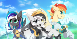 Size: 3600x1821 | Tagged: safe, artist:strafe blitz, oc, oc only, oc:flaming dune, oc:keeper night river's, oc:storm cloud river's, pegasus, pony, armor, mouth hold, sword, sword art online, trio, weapon
