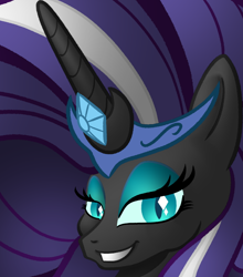 Size: 632x718 | Tagged: safe, artist:memprices, nightmare rarity, pony, unicorn, g4, bust, clip studio paint, crown, evil smile, female, gem, grin, head, jewelry, looking at you, mare, portrait, regalia, shading, smiling, solo, wip