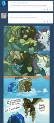 Size: 649x1463 | Tagged: safe, artist:arboraims, oc, oc only, oc:coral dancer, oc:ickle muse, fish, pegasus, pony, ask ickle muse, bubble, female, horn, mare, ocean, open mouth, underwater, water