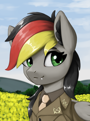 Size: 3120x4200 | Tagged: safe, artist:闪电_lightning, oc, oc only, oc:anja snow, pegasus, pony, equestria at war mod, clothes, cute, cute little fangs, fangs, military uniform, multicolored hair, necktie, uniform