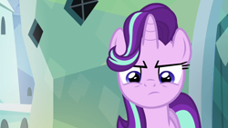 Size: 1280x720 | Tagged: safe, screencap, starlight glimmer, pony, unicorn, g4, season 6, the crystalling, annoyed, frown, implied spike, narrowed eyes, reaction image, solo, starlight glimmer is not amused, unamused