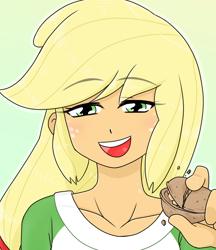 Size: 640x740 | Tagged: safe, artist:batipin, applejack, human, equestria girls, g4, crushing, female, nut, open mouth, open smile, smiling, solo