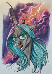 Size: 1438x2048 | Tagged: safe, artist:andy price, queen chrysalis, changeling, changeling queen, g4, fangs, female, lightning, looking at you, marker drawing, solo, tongue out, traditional art