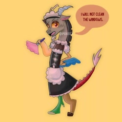 Size: 1080x1080 | Tagged: safe, artist:imdabeca, discord, draconequus, g4, clothes, crossdressing, cute, discute, duster, hand on hip, maid, maid discord, male, simple background, solo, talking, yellow background
