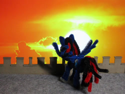 Size: 1024x768 | Tagged: safe, artist:malte279, part of a set, oc, oc only, pegasus, pony, battlements, chenille, chenille stems, chenille wire, craft, diorama, irl, pegasus oc, photo, pipe cleaner sculpture, pipe cleaners, playmobil, sculpture, solo, sunset