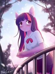 Size: 1800x2400 | Tagged: safe, artist:symbianl, twilight sparkle, human, equestria girls, clothes, earth pony twilight, female, ponied up, pony ears, railing, solo, wingless