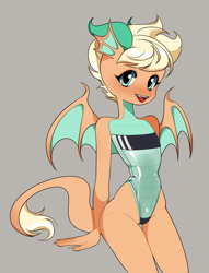 Size: 1478x1930 | Tagged: safe, artist:moebomoe, oc, oc:lodestone, dragon, clothes, dragoness, female, gris swimsuit, one-piece swimsuit, see-through, shiny swimsuit, short mane, short tail, swimsuit, tail