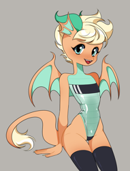 Size: 1478x1930 | Tagged: safe, artist:moebomoe, oc, oc:lodestone, dragon, clothes, dragoness, female, gris swimsuit, latex, latex boots, latex socks, one-piece swimsuit, see-through, shiny swimsuit, short mane, short tail, socks, swimsuit, tail