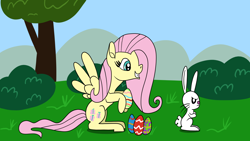 Size: 1920x1080 | Tagged: safe, artist:platinumdrop, angel bunny, fluttershy, pegasus, pony, rabbit, g4, angel is a bunny bastard, angry, animal, easter, easter egg, holiday, smiling