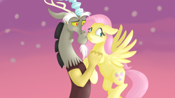 Size: 1920x1080 | Tagged: safe, artist:jbond, discord, fluttershy, draconequus, pegasus, pony, g4, duo, female, kissing, male, mare, ship:discoshy, shipping, straight