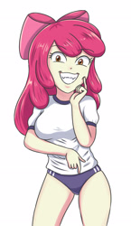 Size: 1715x2952 | Tagged: safe, artist:sumin6301, apple bloom, human, equestria girls, g4, breasts, busty apple bloom, evil grin, grin, looking at you, older, older apple bloom, simple background, smiling, sports panties, white background