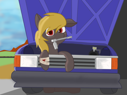 Size: 6000x4500 | Tagged: safe, oc, oc:mike galaxy, pegasus, pony, bandage, blood, car, cute, fixing, male, male oc, mechanic, pegasus oc, pony oc, ratchet, red eyes, solo, stallion, stallion oc, toyota, vehicle