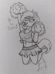 Size: 2331x3108 | Tagged: safe, artist:drheartdoodles, oc, oc:cherry soda(the_laundry), oc:spacehorse, earth pony, anthro, cheerleader, clothes, high res, jumping, midriff, pom pom, skirt, tank top, traditional art