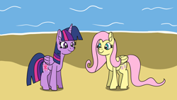 Size: 1920x1080 | Tagged: safe, artist:platinumdrop, fluttershy, twilight sparkle, alicorn, pegasus, pony, g4, beach, duo, duo female, female, folded wings, mare, request, smiling, twilight sparkle (alicorn), wings