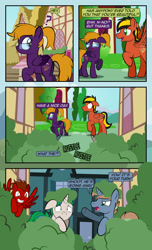 Size: 1920x3168 | Tagged: safe, artist:alexdti, oc, oc only, oc:brainstorm (alexdti), oc:golden blast, oc:purple creativity, oc:slide fortissimo, oc:star logic, pegasus, pony, unicorn, comic:quest for friendship, blushing, bush, comic, dialogue, ears back, eye contact, female, floppy ears, folded wings, glasses, grin, high res, hooves, horn, lidded eyes, looking at each other, looking at someone, looking back, male, mare, narrowed eyes, onomatopoeia, open mouth, open smile, outdoors, pegasus oc, pointing, ponytail, question mark, raised hoof, shadow, shrunken pupils, smiling, speech bubble, spread wings, stallion, tail, two toned mane, two toned tail, underhoof, unicorn oc, wall of tags, wavy mouth, wings