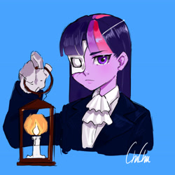 Size: 4724x4724 | Tagged: safe, artist:田园锄串子, twilight sparkle, human, equestria girls, g4, spoiler:comic, blue background, candle, clothes, crossover, gloves, jabot, lantern, looking at you, mask, phantom of the opera, shirt, shirt with a collar, signature, simple background, solo, suit