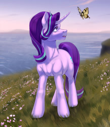 Size: 1280x1472 | Tagged: safe, artist:tigra0118, starlight glimmer, butterfly, pony, unicorn, g4, cliff, digital art, looking at something, ocean, solo, water