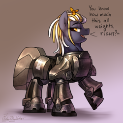Size: 3000x3000 | Tagged: safe, artist:jedayskayvoker, oc, oc:beatrice, earth pony, pony, fallout equestria, armor, colored, colored sketch, dialogue, dreadlocks, female, full color, gradient background, high res, muscles, muscular female, patreon, patreon reward, power armor, sketch, solo, steel ranger