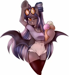 Size: 1124x1220 | Tagged: safe, artist:laityf, oc, oc only, oc:midnight rush, bat pony, anthro, arm hooves, clothes, cute, deviantart watermark, female, food, garter belt, ice cream, jewelry, looking at you, necklace, obtrusive watermark, short shirt, simple background, smiling, socks, sunglasses, thigh highs, thighs, thunder thighs, watermark, white background