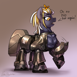 Size: 3000x3000 | Tagged: safe, alternate version, artist:jedayskayvoker, oc, oc:beatrice, earth pony, pony, fallout equestria, armor, colored, colored sketch, dialogue, dreadlocks, female, full color, funny, gradient background, high res, muscles, muscular female, patreon, patreon reward, power armor, sketch, solo, steel ranger