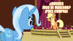 Size: 1280x720 | Tagged: safe, edit, edited screencap, screencap, applejack, trixie, earth pony, pony, unicorn, g4, magic duel, season 3, alicorn amulet, apple, dialogue, el chavo del 8, evil trixie, female, food, mare, reference, spanish, translated in the comments