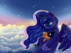 Size: 1280x960 | Tagged: safe, artist:lazybread, princess luna, alicorn, cat, pony, g4, atmosphere, blue coat, blue eyes, cloud, crown, cute, ethereal hair, ethereal mane, female, flying, jewelry, lidded eyes, lunabetes, mare, regalia, shooting star, sky, solo, spread wings, wings