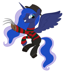 Size: 1555x1655 | Tagged: safe, artist:dyonys, princess luna, alicorn, pony, series:horrorverse, g4, claw, clothes, female, flying, freddy krueger, hat, hoof blades, lol, mare, nightmare on elm street, simple background, solo, transparent background