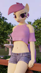 Size: 3240x5760 | Tagged: safe, artist:hunterz263, oc, oc only, oc:violet heart, earth pony, anthro, 3d, absurd resolution, anthro oc, blender, clothes, earth pony oc, female, fountain, looking at you, midriff, nexgen, not sfm, outdoors, shorts, shoulderless, smiling, smiling at you, solo, tree